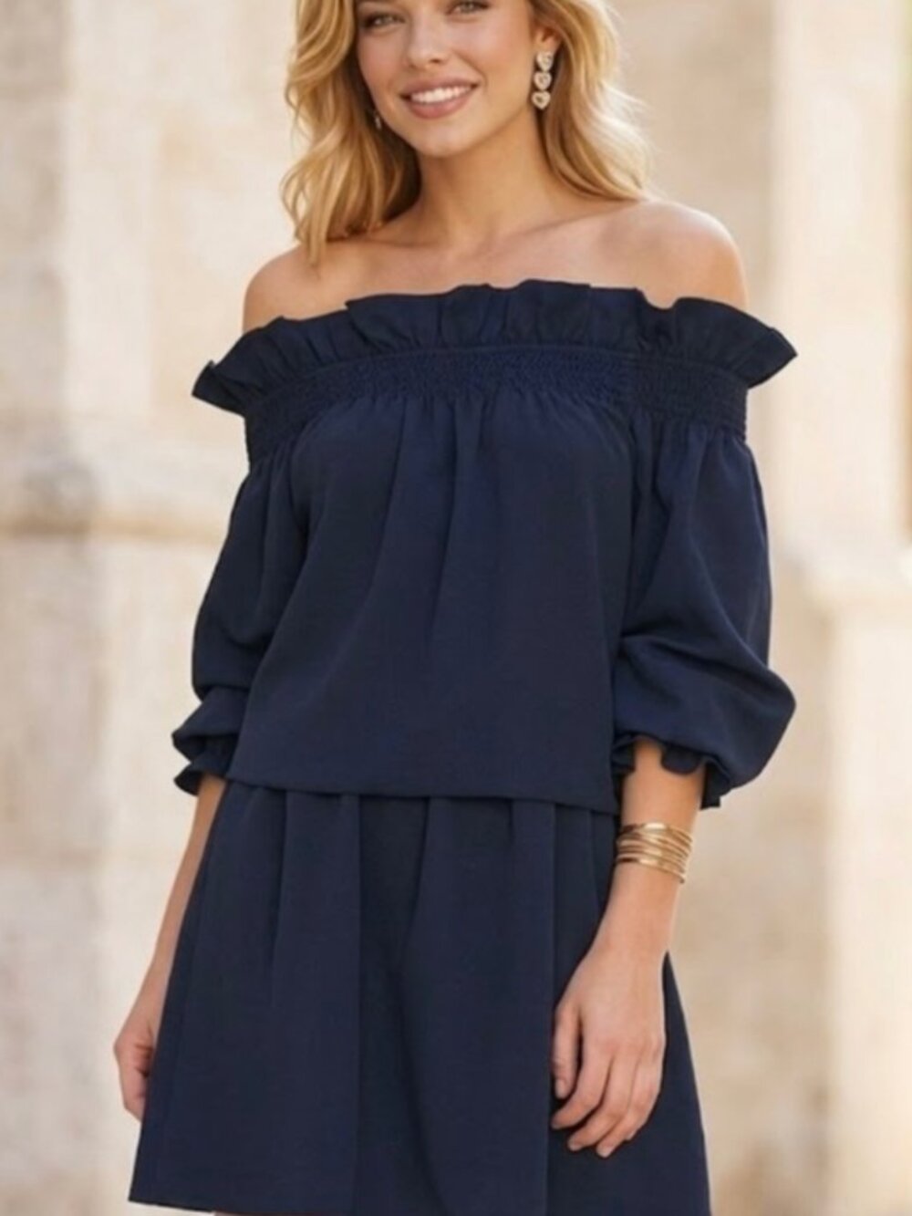 Diane von Furstenberg DVF Georgie Off Shoulder Dress Navy Blue Size Small